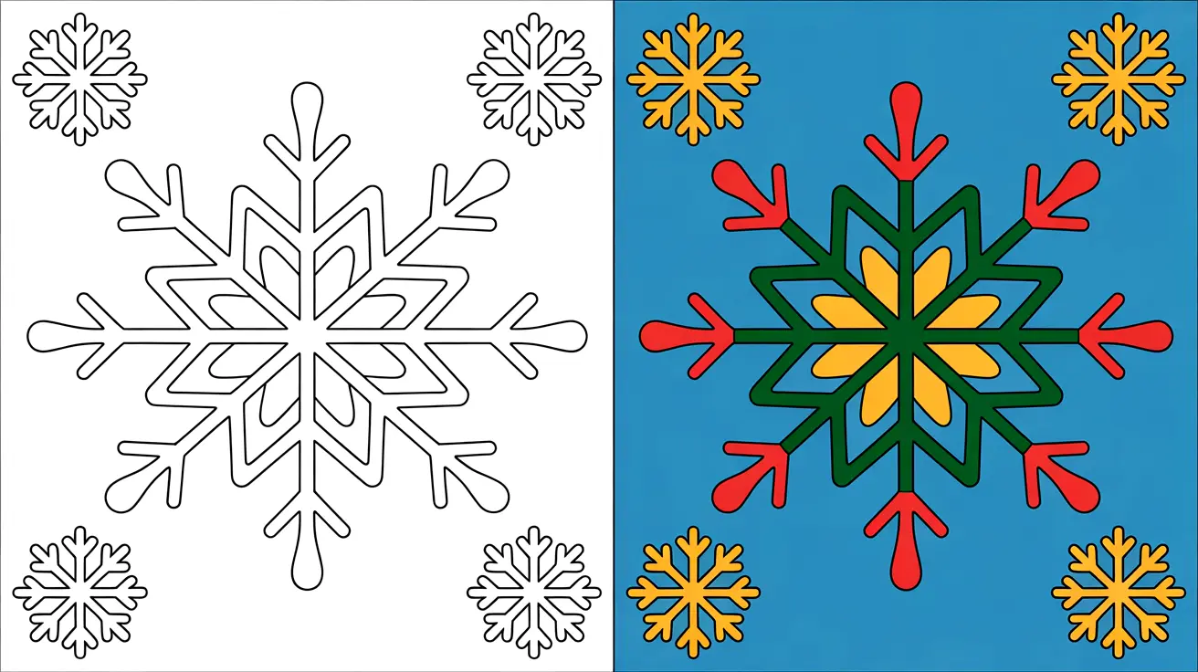 Snowflake coloring page with a two-panel design, one colored, one blank