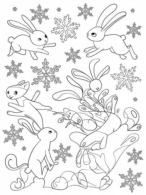 Playful rabbits and snowflakes, a coloring page depicting winter fun and rabbi uvsh1kdotoeuhduhhcwffw