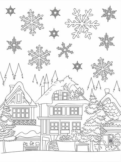 Snowflakes dancing around houses in a winter scene, a coloring page