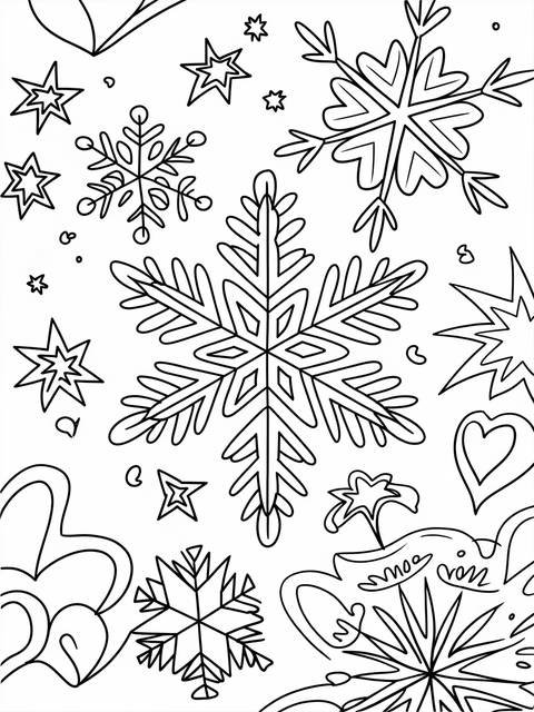 Black and white line art of whimsical snowflakes and stars for coloring