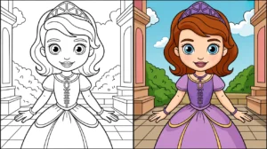 Sofia coloring page, a two-panel image showing a princess in color and outline