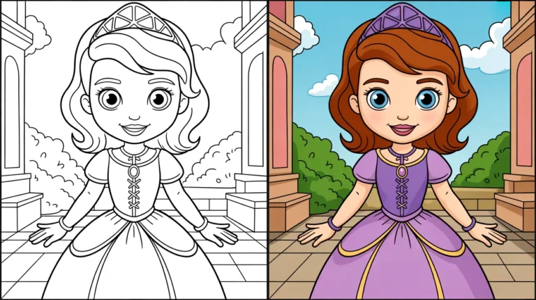 Sofia coloring page, a two-panel image showing a princess in color and outline