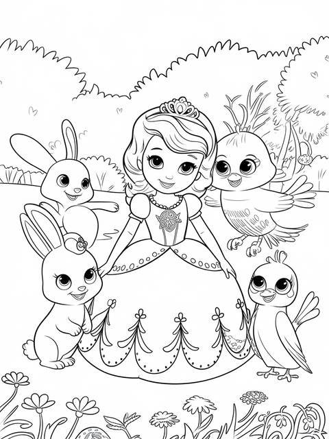 Sofia the first coloring page with birds and bunnies in a garden setting