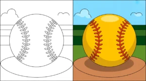 Two-panel softball coloring page: one colored, one blank for coloring
