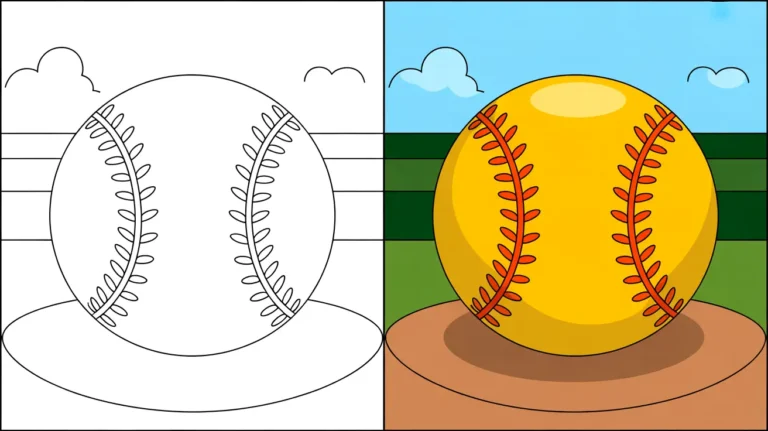 Two-panel softball coloring page: one colored, one blank for coloring