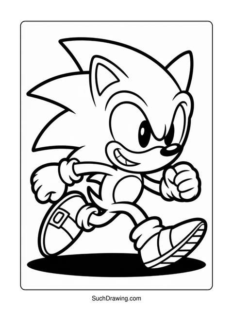 Black and white line art of sonic the hedgehog running forward