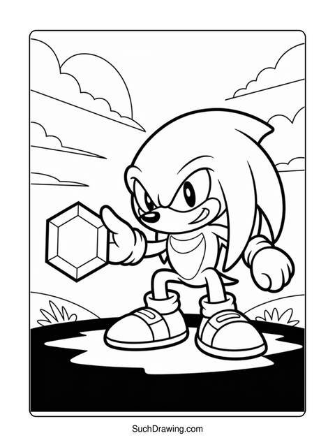Black and white line art of knuckles the echidna holding a gem