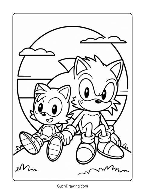 Black and white coloring page of sonic the hedgehog and tails