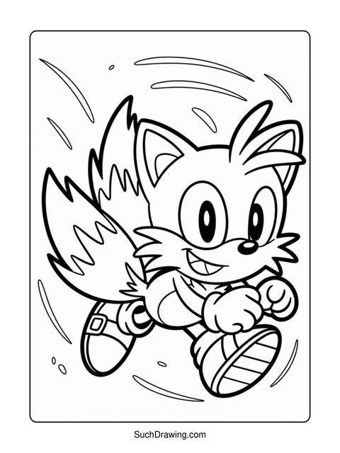 A black and white coloring page of tails from the sonic the hedgehog series