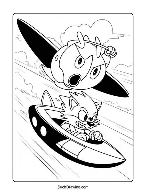 Black and white coloring page of sonic the hedgehog in a vehicle