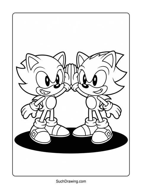 A black and white coloring page of two sonic the hedgehog characters