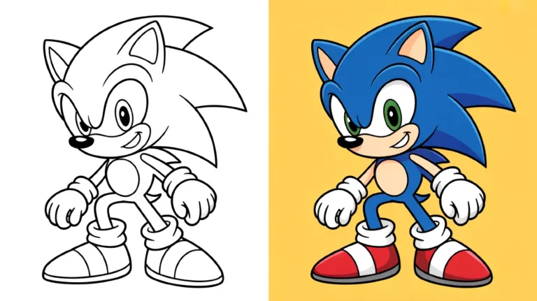 Sonic the hedgehog coloring page, with a finished colored version