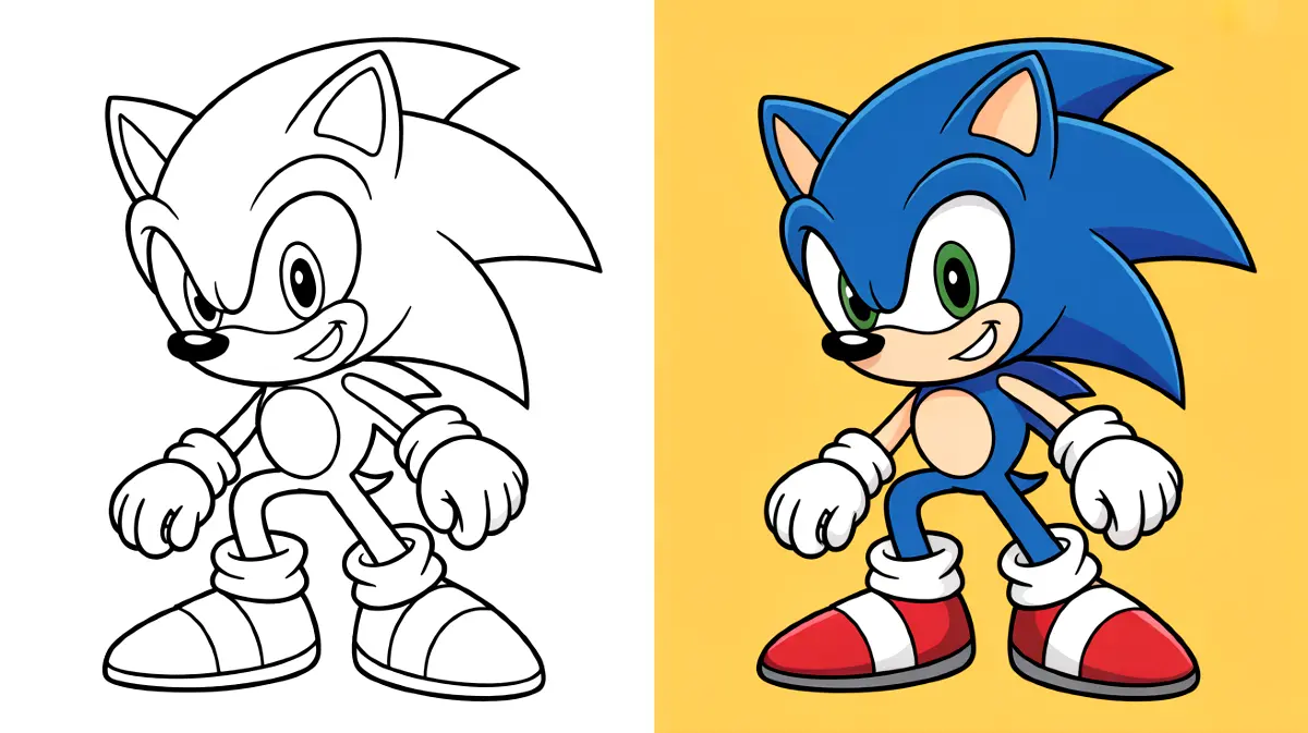 Sonic the hedgehog coloring page, with a finished colored version