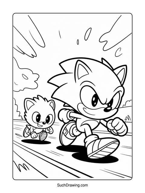 Black and white coloring page of sonic the hedgehog running with a friend