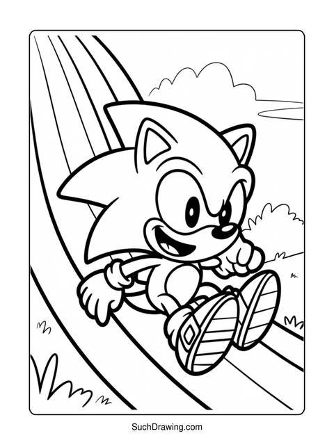 Black and white line art of sonic the hedgehog on a ramp