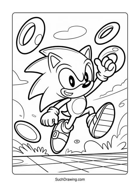 Black and white coloring page of sonic the hedgehog holding a ring