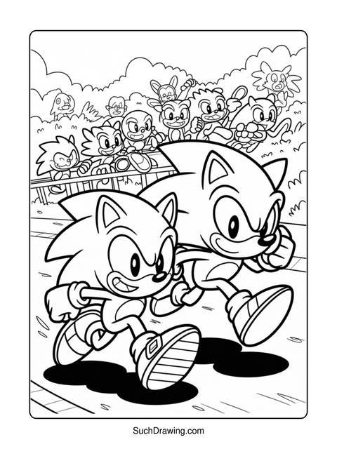 Coloring page featuring two sonic the hedgehog characters running together