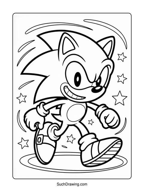 Black and white coloring page of sonic the hedgehog running with stars