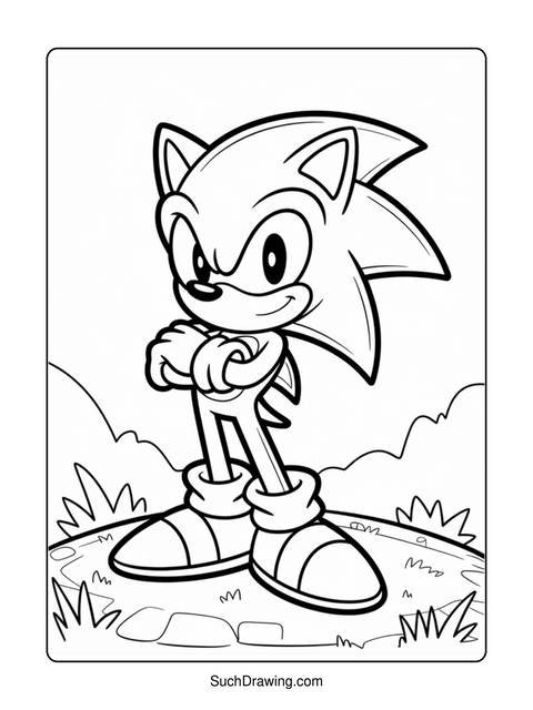 Black and white coloring page of sonic the hedgehog standing with arms crossed