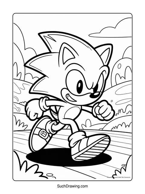 Black and white coloring page of sonic the hedgehog running forward