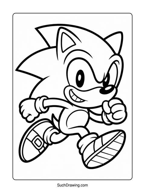 Line art of sonic the hedgehog running on a coloring page