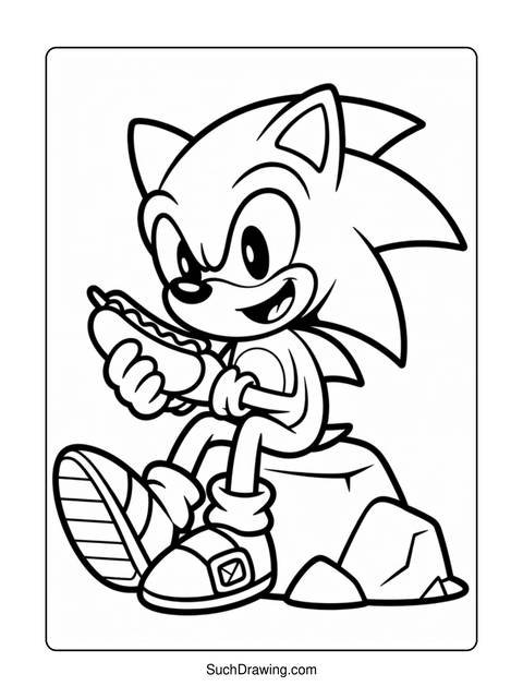 Black and white coloring page of sonic the hedgehog holding a hot dog