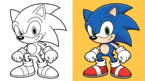 Sonic the hedgehog coloring page: a side-by-side comparison of colored and uncolored