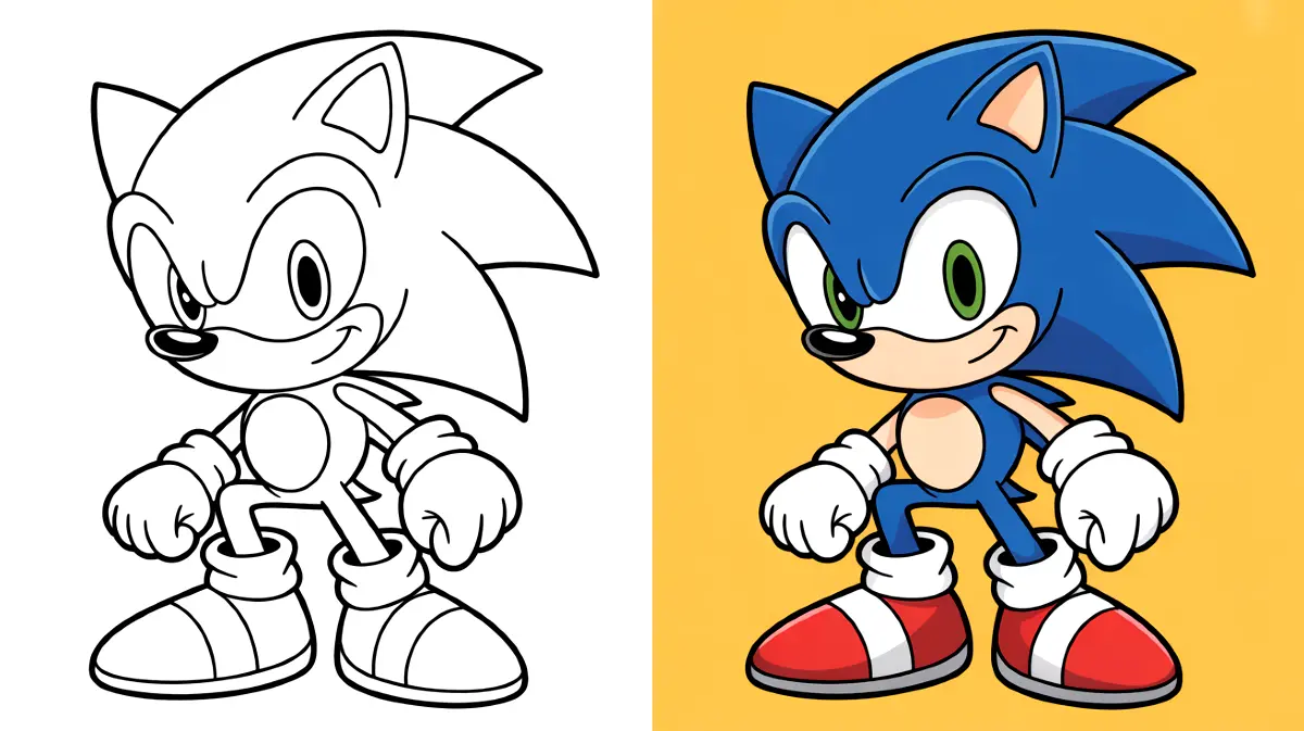 Sonic the hedgehog coloring page: a side-by-side comparison of colored and uncolored