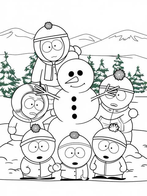 South park characters and a snowman in a winter scene, ready for coloring