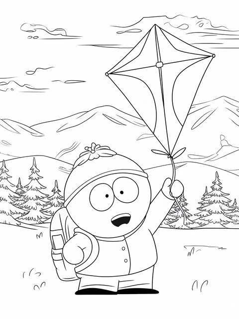 South park's butters holding a kite, in a black and white coloring page