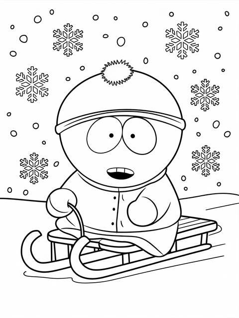 South park's cartman on a sled, surrounded by snowflakes, ready for winter fun