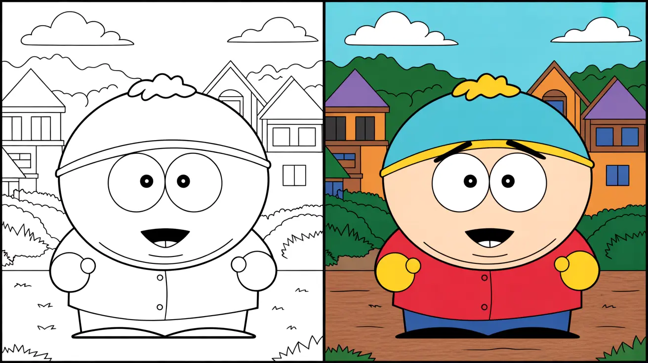 South park coloring page featuring eric cartman, with a colored and uncolored panel