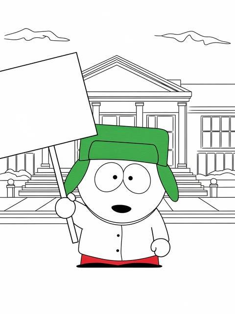 South park's kyle, with his signature green hat, holding a sign