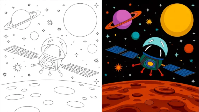 Space coloring page with a satellite, planets, stars, and a planet surface