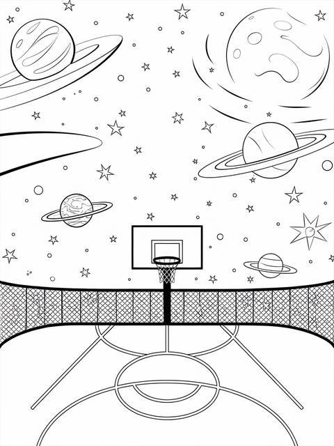 Space jam-themed coloring page: basketball court in space with planets and stars