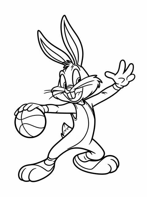 Bugs bunny from space jam dribbling a basketball, ready to play