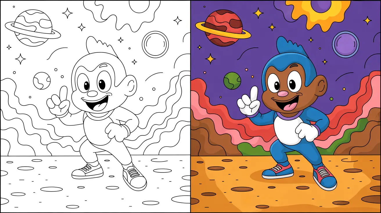 Space jam coloring page: a cartoon character in space, pointing upwards with a smile