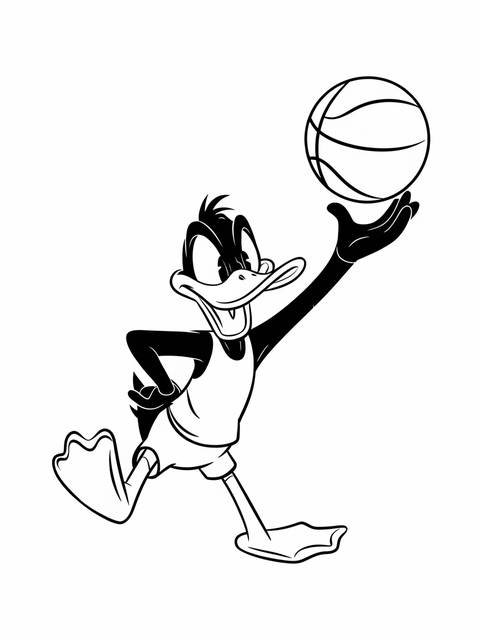 Daffy duck from space jam, holding a basketball, ready to play