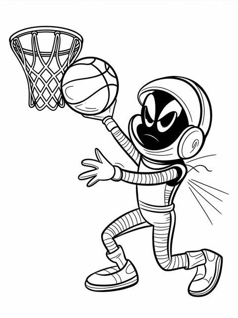 Marvin the martian from space jam aiming a basketball towards the hoop