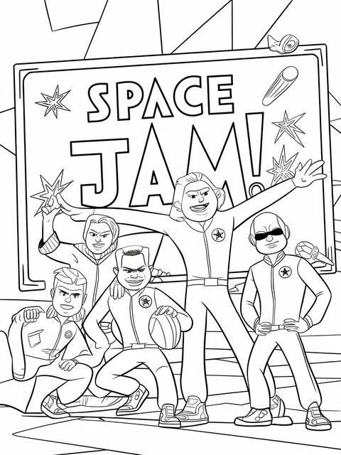 Space jam monstars team plotting, ready for action, featured on a coloring page