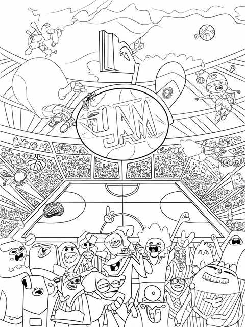 Space jam arena coloring page filled with cartoon characters and basketball action