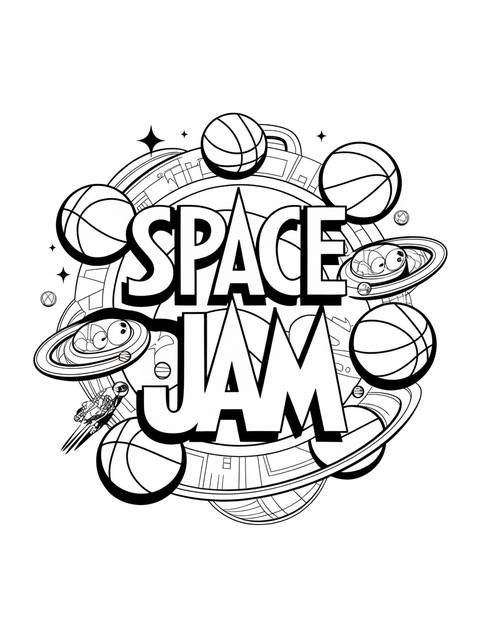 Space jam tune squad logo with basketballs, planets, and stars in black and white