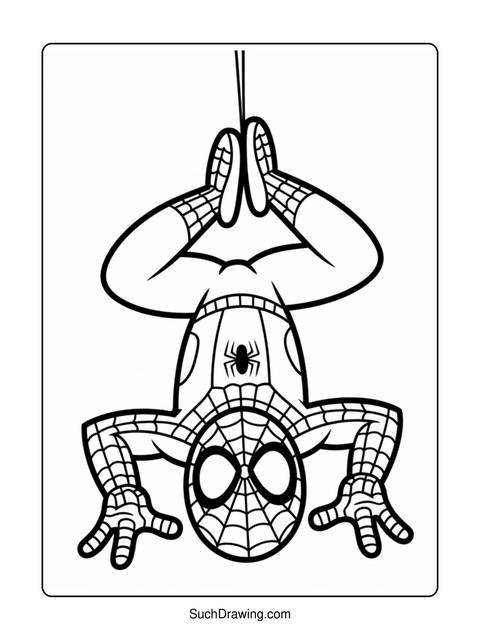 Spider-man hanging upside down, a black and white coloring page