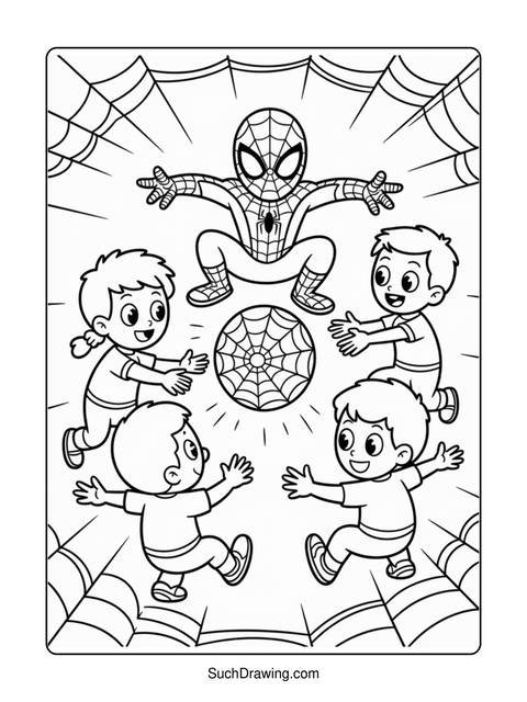 Spider-man surrounded by children reaching for a spider web coloring page