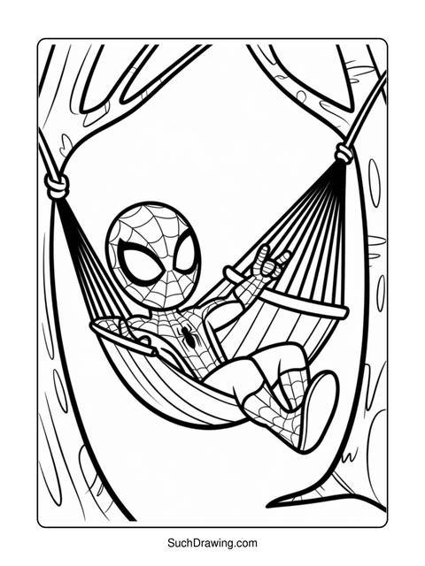 Spider-man relaxing in a hammock, hanging between two trees, black and white