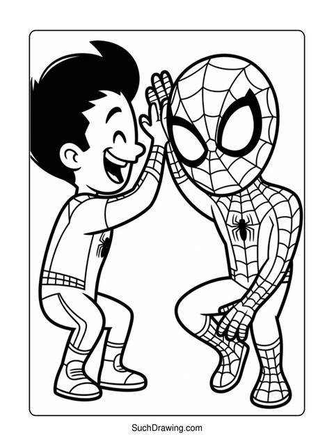 A coloring page of a boy and spider-man giving each other a high five