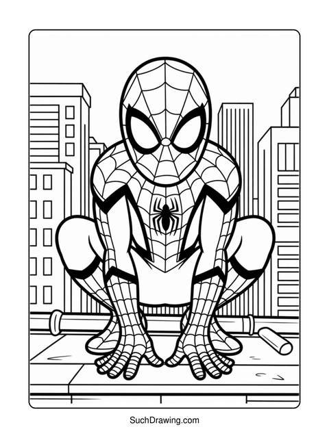 Spider-man crouching on a rooftop, with city buildings in the background