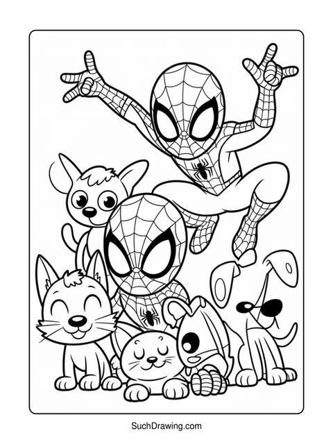 Spider-man and various cartoon animals in a black and white coloring page