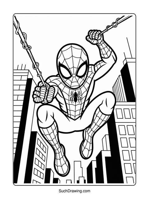 Spider-man swinging through a city, depicted in a black and white coloring page