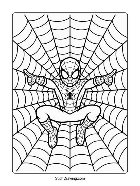 Spider-man in a web, pointing with both hands, ready for action